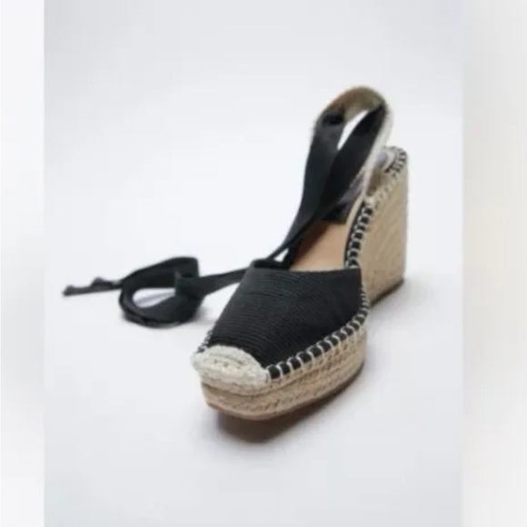 Zara Black Tied Raffia Espadrille Wedge Shoes NWT SZ 10 EU 41 - Picture 3 of 11